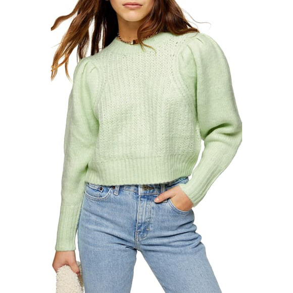 TOPSHOP NEW $60 Crewneck Pleated Sleeve Sweater Pastel Green US Size 8-10 - Picture 1 of 4